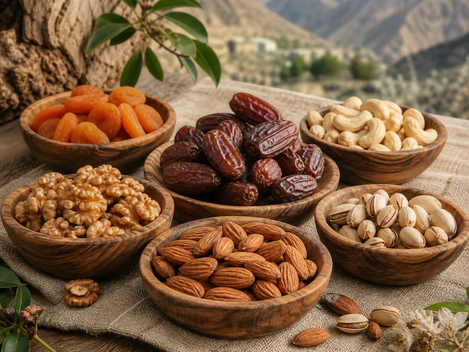 Premium almonds, walnuts, pistachios, cashews, dates and apricots