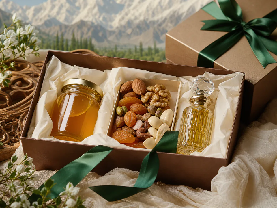 Premium gift box with honey, dry fruits and natural attar
