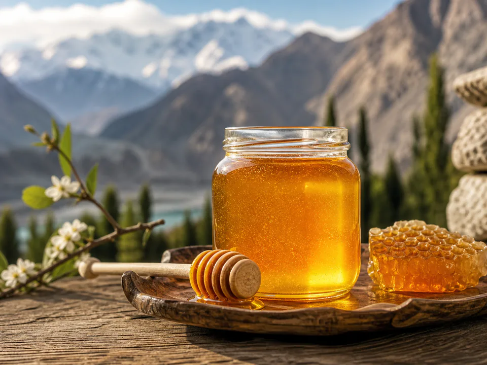 Raw golden mountain honey with honeycomb and a wooden dipper