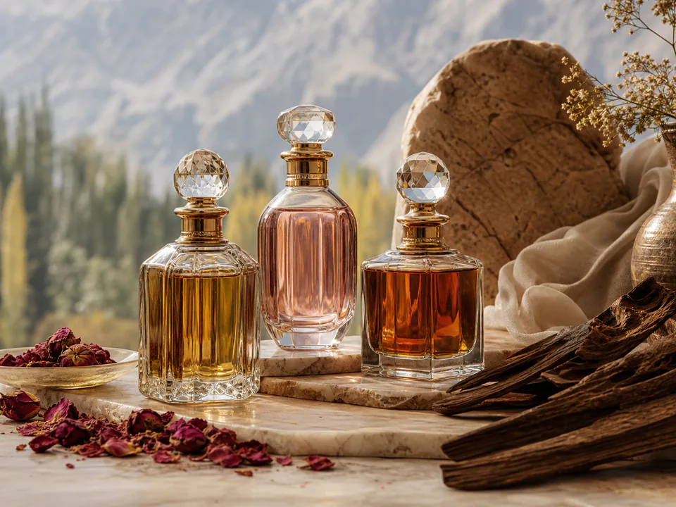 Elegant glass attar bottles with rose petals and natural oud wood