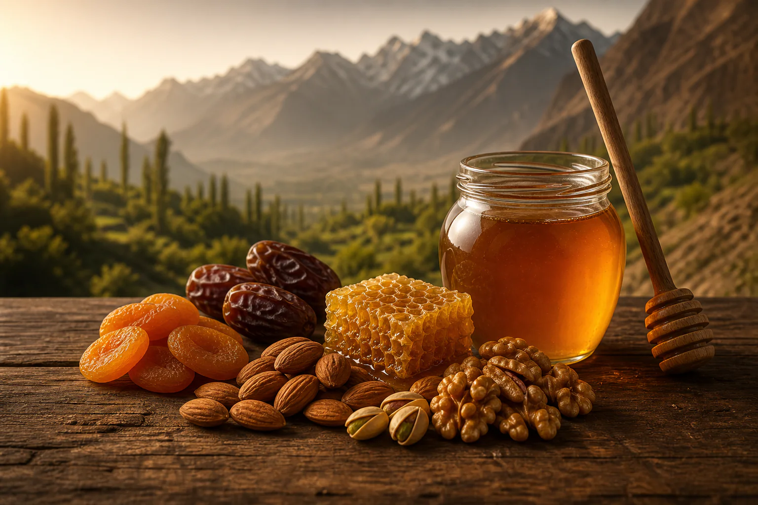 Raw mountain honey with honeycomb, almonds, walnuts, pistachios, dates and dried apricots